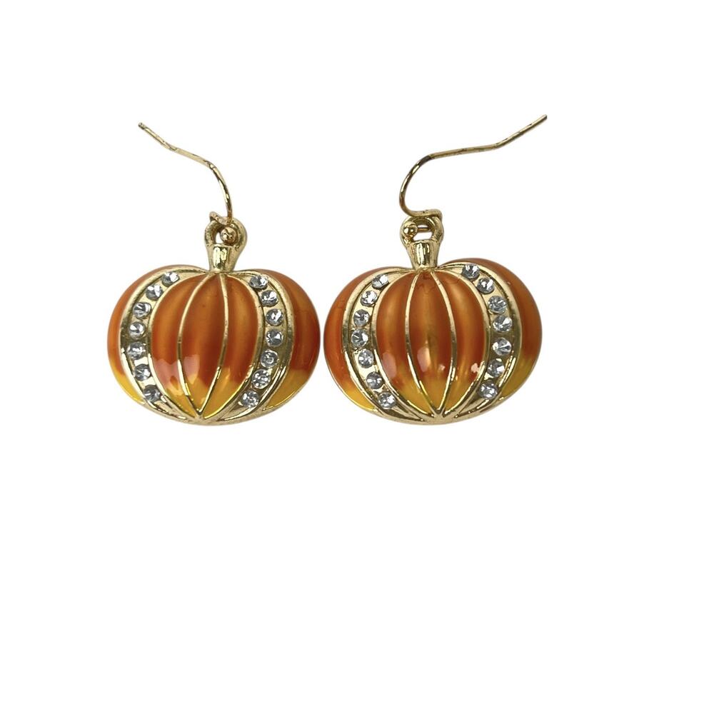 Pumpkin Hook Earrings Orange Enamel Rhinestones Gold Tone Boho Festive Seasonal